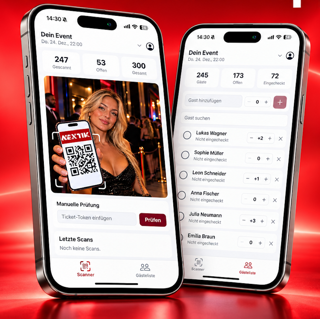 Nextik-App mit Ticket-Scanner und Gästeliste auf zwei iPhones