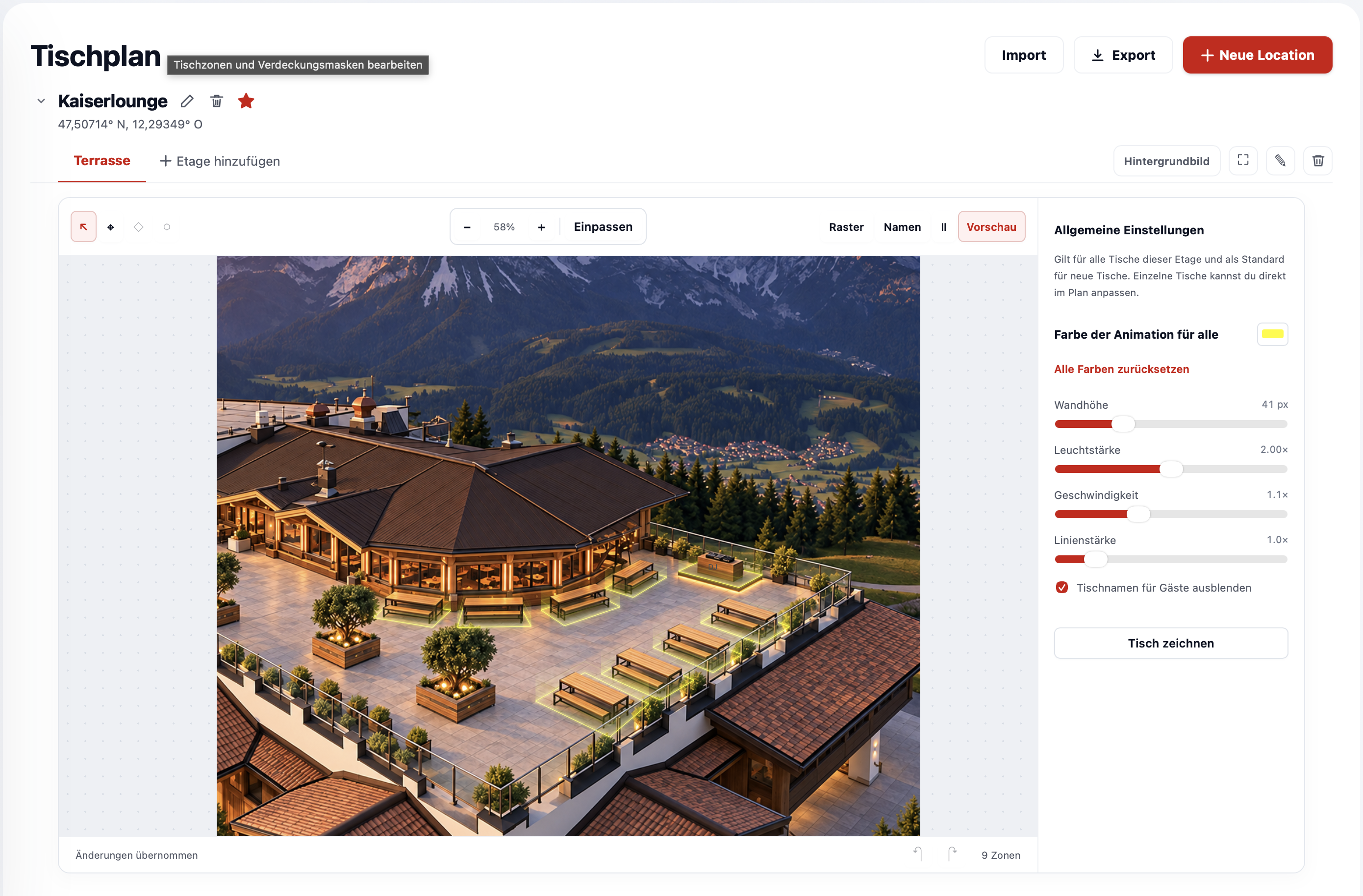 Tischplan-Editor von Nextik mit Bereichen und Tischen